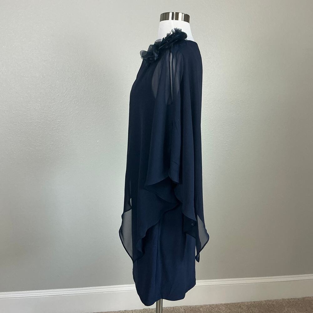 XSCAPE Chiffon Overlay Knit Sheath Embellished Cocktail Dress Navy Blue Size 10 - Picture 6 of 12